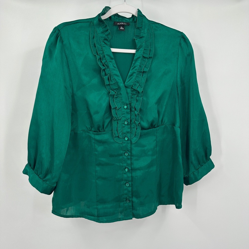 ALYX Petite Womens Regency Ruffle Top Size LP Victorian Office Academia Green